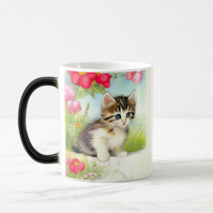 Taza Mágica Gatito blanco y marrón vintage con flores