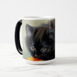 Taza Mágica Gatito negro vintage con manta de flores rojas