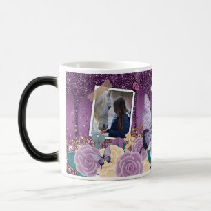 Taza Mágica Girly Purple Floral Faux Sparkly dos Photo Name