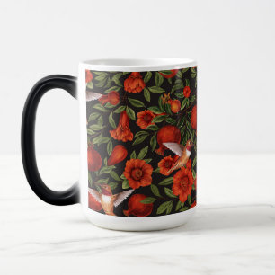 Taza Mágica Granadas y colibríes/hojas verdes en negro