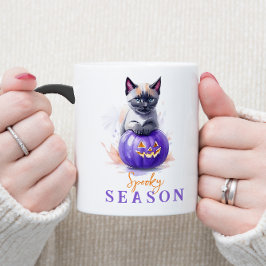 Taza Mágica Halloween acuarela gato siamés con calabaza