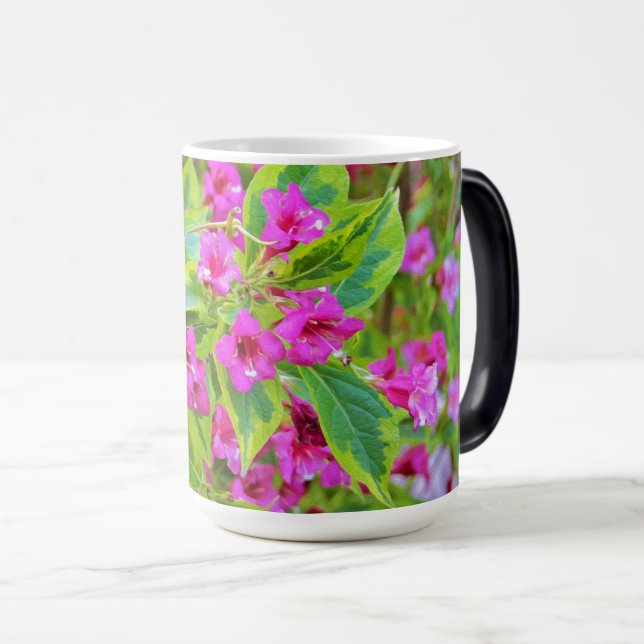 Taza Mágica Hermosa Weigela verde con flores de Crimson (Anverso derecho)