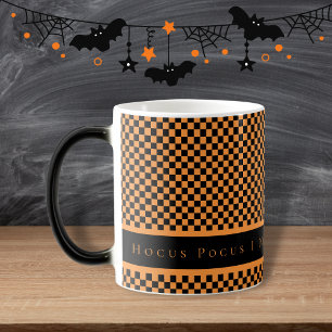 Taza Mágica Hocus Pocus Naranja Black Checkers Script Mug