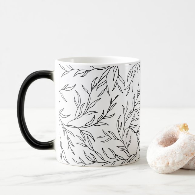 Taza Mágica Hojas elegantes en blanco y negro (Con donut)