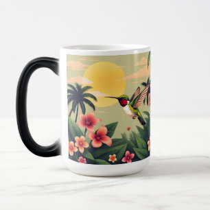 Taza Mágica Ilustracion floral de colibrí con trompeta de rubí