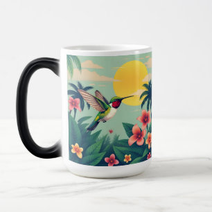 Taza Mágica Ilustracion floral de colibrí con trompeta de rubí