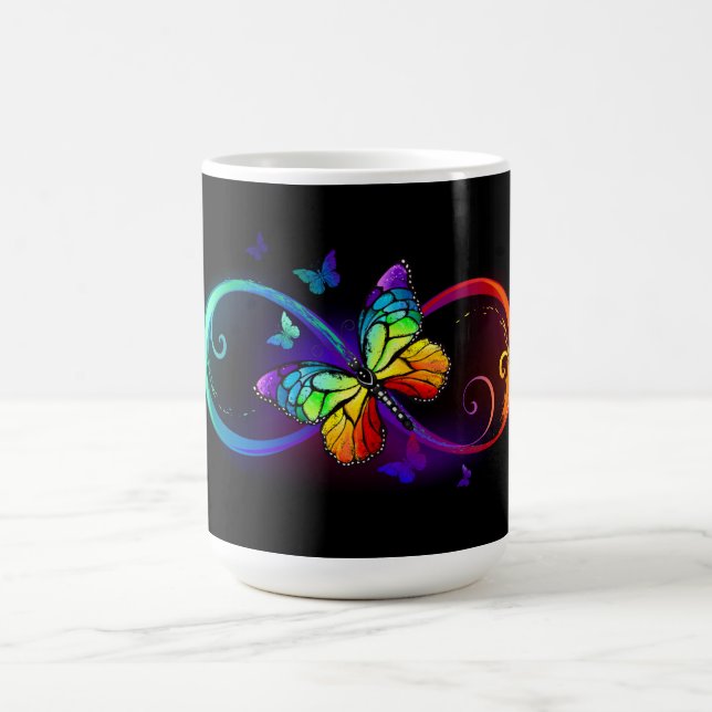 Taza Mágica Infinito vibrante con mariposa arco iris sobre neg (Centro)