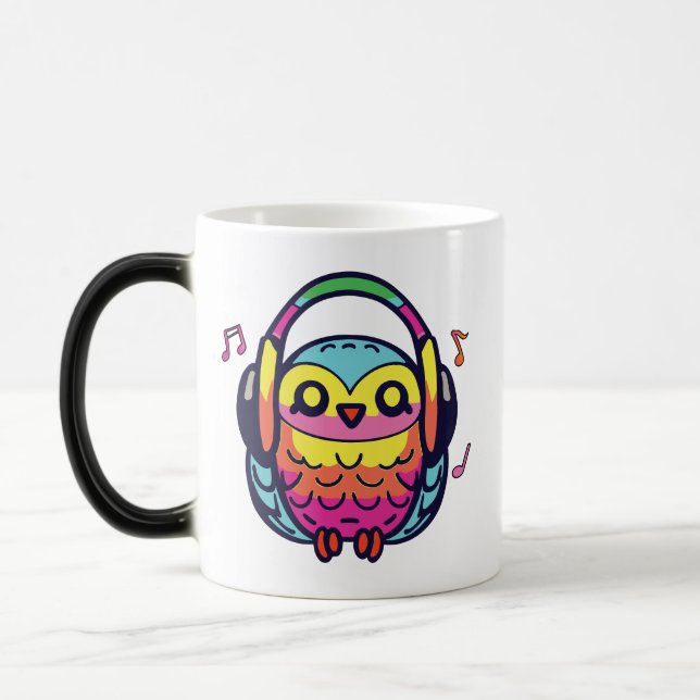 Taza Mágica Lechuza feliz con audífonos escuchando música. (Izquierda)
