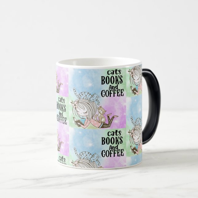 Taza Mágica Libros de lectura de gatos con café (Anverso derecho)