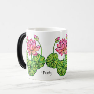 Taza Mágica Loto rosa acuarela con manchas y hojas