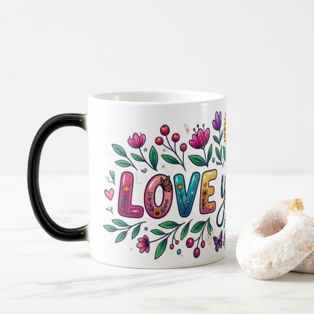 Taza Mágica Magic Morphing Mug - Floral Sunflower "Love You Mo (Con donut)