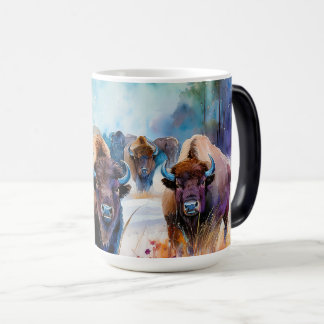 Taza Mágica Manada de Búfalos en la Nieve en Acuarela