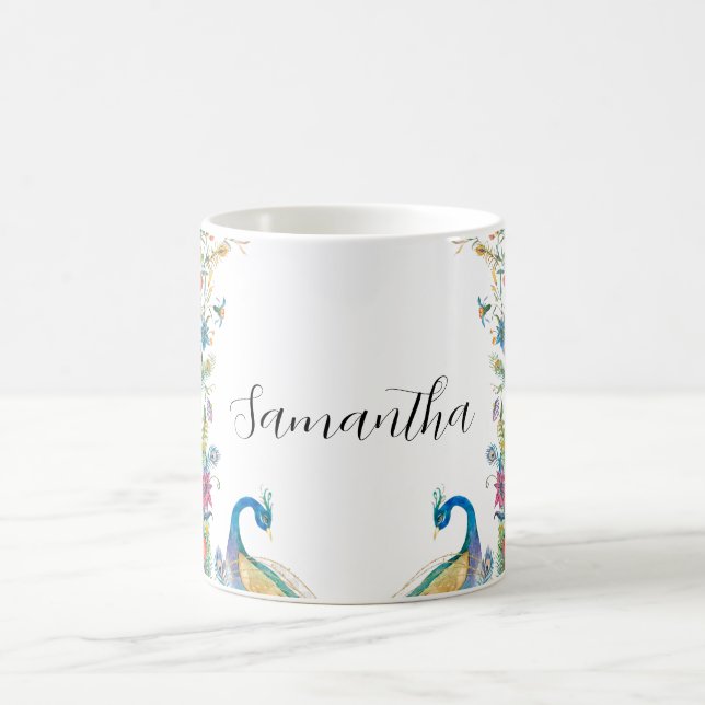 Taza Mágica Marco de pavos reales con flores acuarelas (Centro)