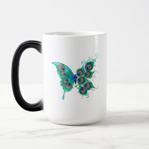 Taza Mágica Mariposa con plumas de pavo real verde