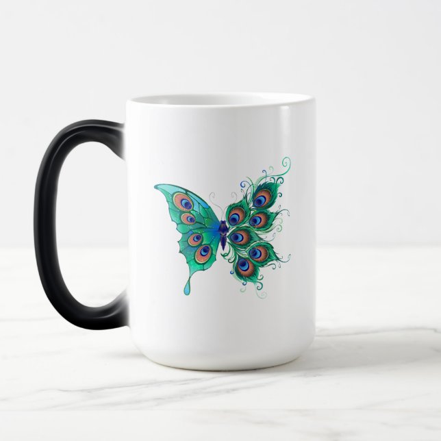 Taza Mágica Mariposa con plumas de pavo real verde (Izquierda)
