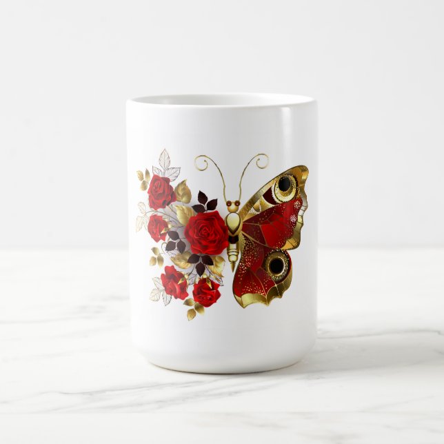 Taza Mágica Mariposa de flor roja con rosas rojas (Centro)