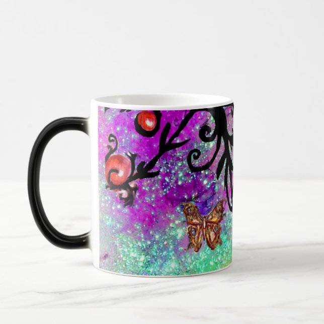 TAZA MÁGICA MARIPOSA PURPURA DESTELLOS, MONOGRAMA FLORAL NEGRO (Izquierda)