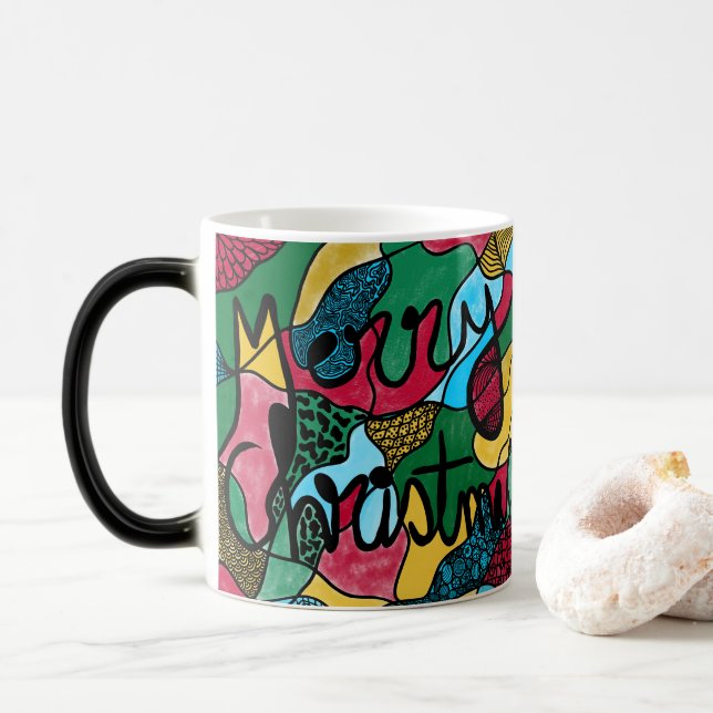 TAZA MÁGICA MERRY NAVIDAD NEUROGRÁFICA Y NEGRO (Con donut)