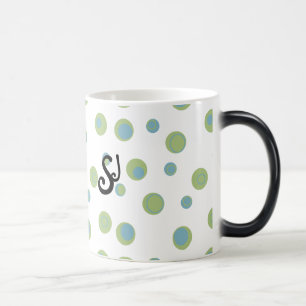 Taza Mágica Monogramación de puntos de polka verde azul