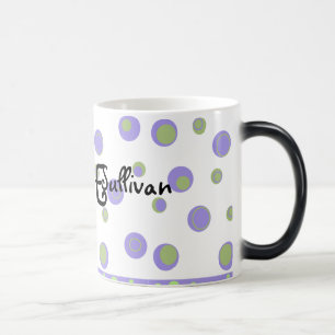 Taza Mágica Monogramación de puntos de polka verde púrpura