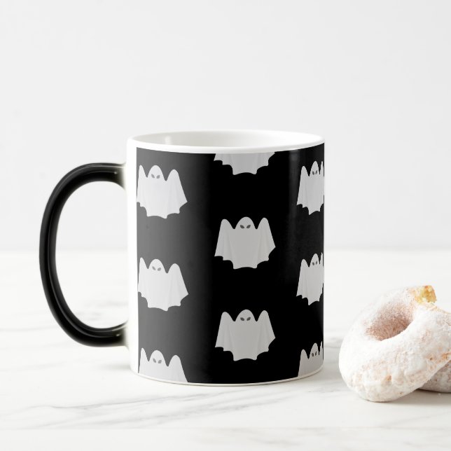 Taza Mágica Mug de Halloween lindo - Patrón fantasma negro y b (Con donut)