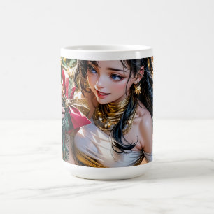 Taza Mágica mujer con un vestido de oro sosteniendo una rosa r