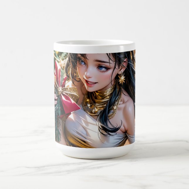 Taza Mágica mujer con un vestido de oro sosteniendo una rosa r (Centro)