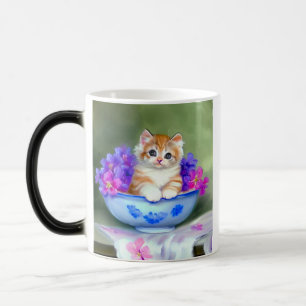 Taza Mágica Naranja de época y Ilustracion de gatito blanco