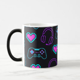 Taza Mágica Neon Gamer Controller and Hearts Pattern