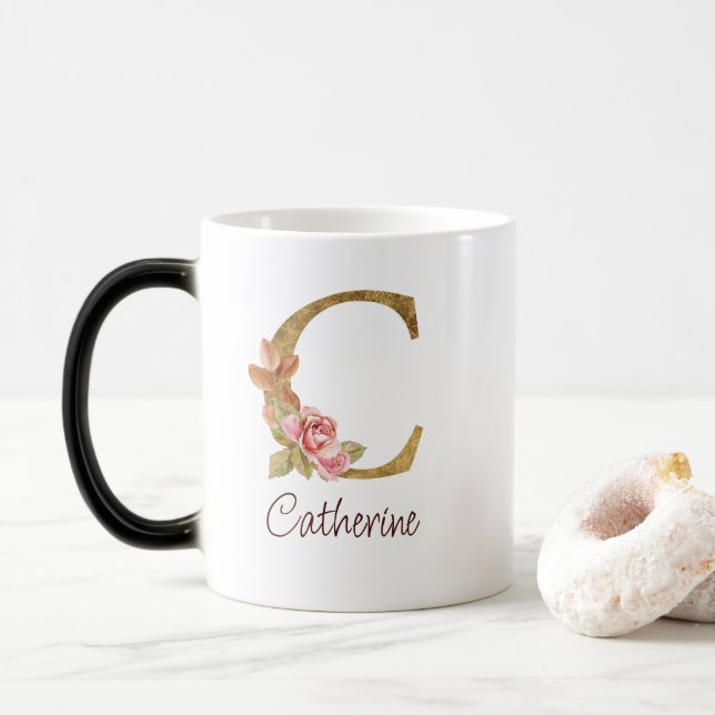 Taza Mágica Nombre personalizado lámina dorada rosas rosadas l (Con donut)
