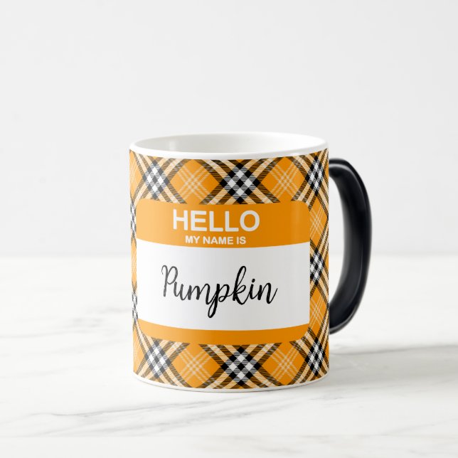 Taza Mágica Otoño Tartan Plaid Hola mi nombre es Pumpkin Naran (Anverso derecho)
