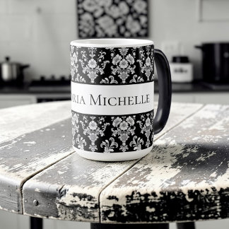 Taza Mágica Patrón de damasco victoriano en blanco y negro