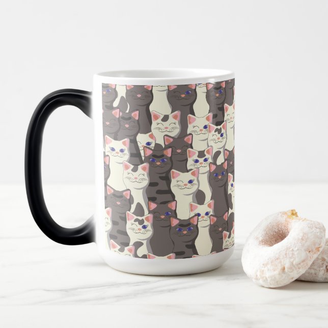 Taza Mágica Patrón de gatos blancos y grises (Con donut)