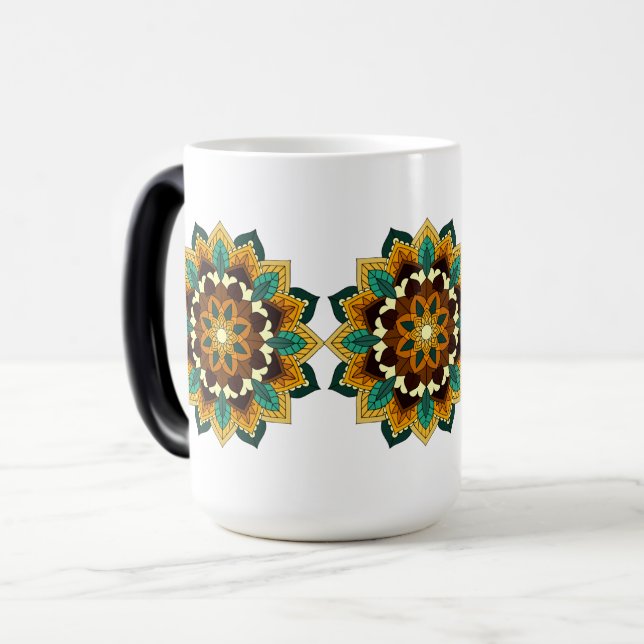 Taza Mágica Patrón Mandala 02 en amarillo y marrón (Anverso izquierdo)