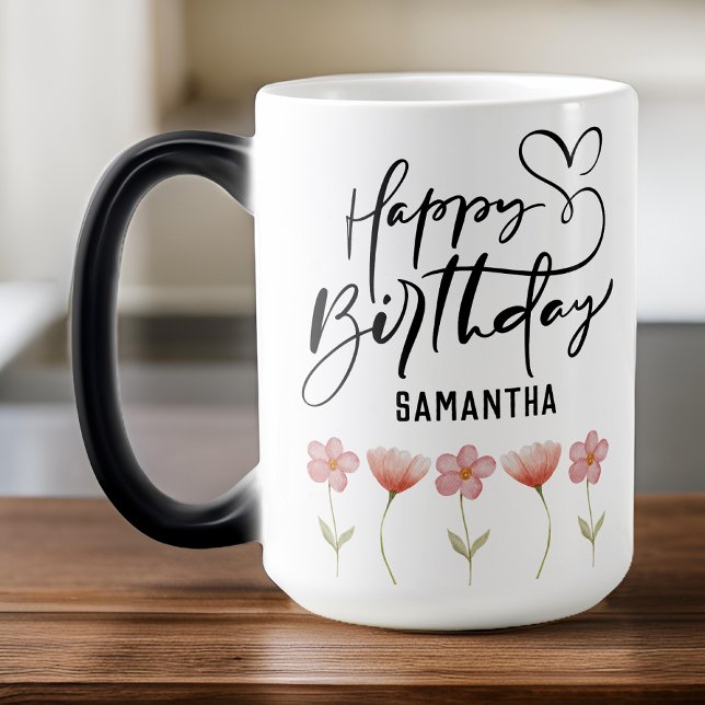 Taza Mágica Personalizado acuarela Chica Floral Feliz cumpleañ (Birthday gift for her, birthday gift for girl, birthday gift for mom, birthday gift for women)