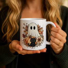 Taza Mágica Personalized Cute Ghost and Black Cat Autumn Mug