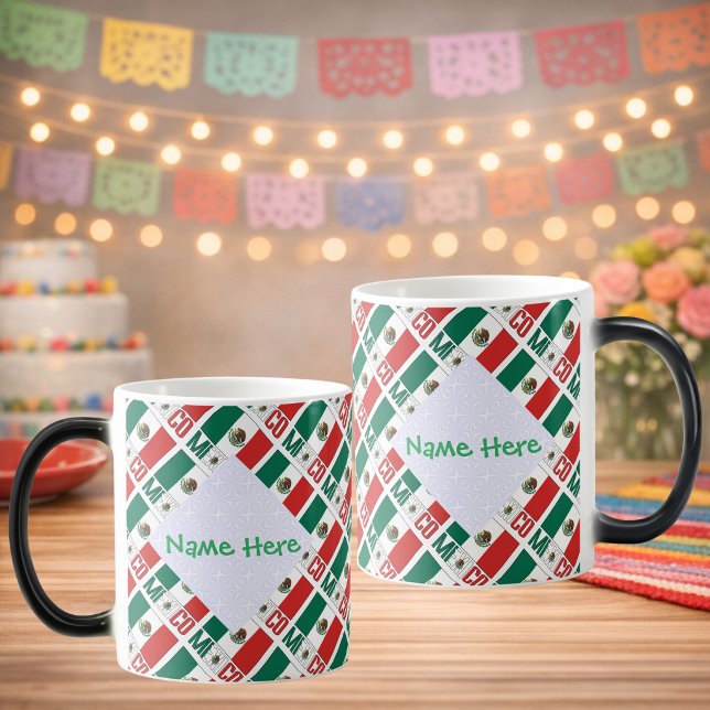 Taza Mágica Personalized Mexico Flag Tiled (Personalized morph mug with tiled Mexican flag, MEXICO below. White fractals hold name on two sides.)