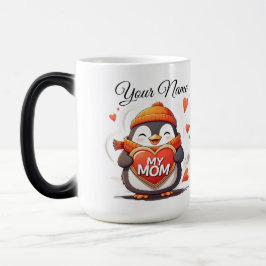 Taza Mágica Pingüino sonriente sosteniendo el signo cardíaco M