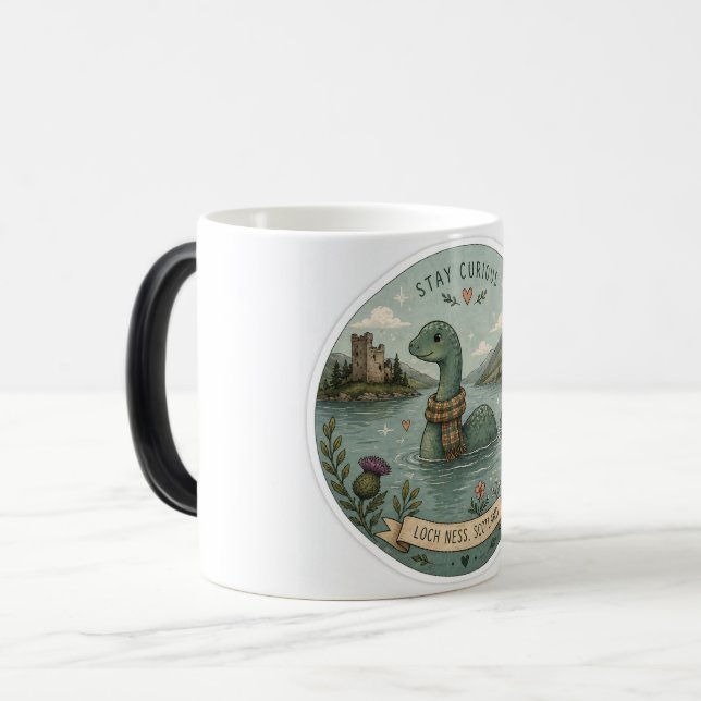 Taza Mágica Quédate Curioso Acogedor Críptido Nessie Monstruo  (Anverso izquierdo)