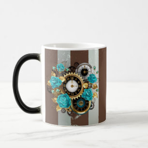 Taza Mágica Reloj de vapor y Rosas turquesa a rayas