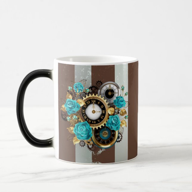 Taza Mágica Reloj de vapor y Rosas turquesa a rayas (Izquierda)