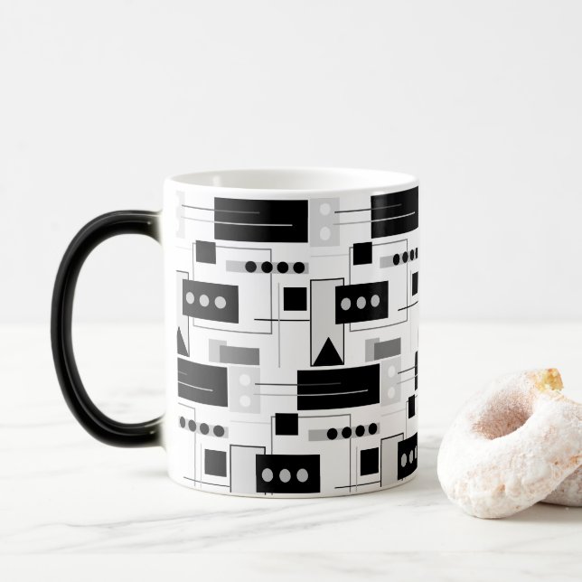 Taza Mágica Resumen moderno de mediados de siglo Blanco negro  (Con donut)