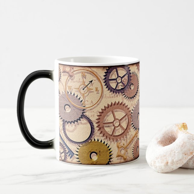 Taza Mágica Ruedas Steampunk, engranajes, llaves, pintura de a (Con donut)