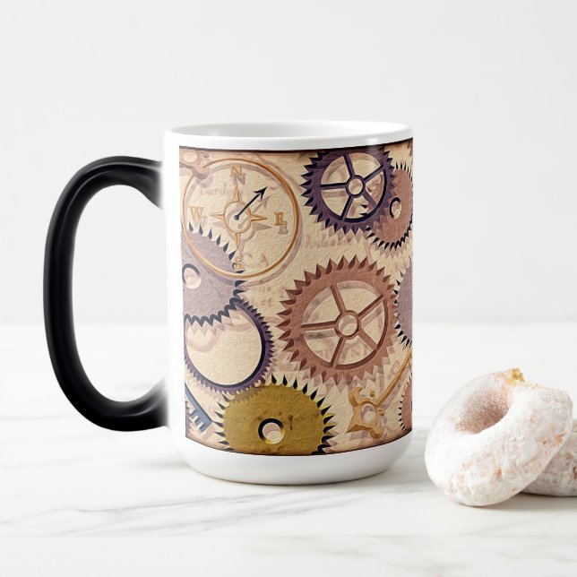 Taza Mágica Ruedas Steampunk, engranajes, llaves, pintura de a (Con donut)