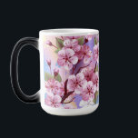 Taza Mágica Sakura rosa sobre fondo de pintura<br><div class="desc">Dibujado artísticamente,  rama de rosa,  flores de cerezo sobre fondo pintoresco,  texturizado,  pintado con pintura blanca,  rosa y azul. Pink Sakura</div>