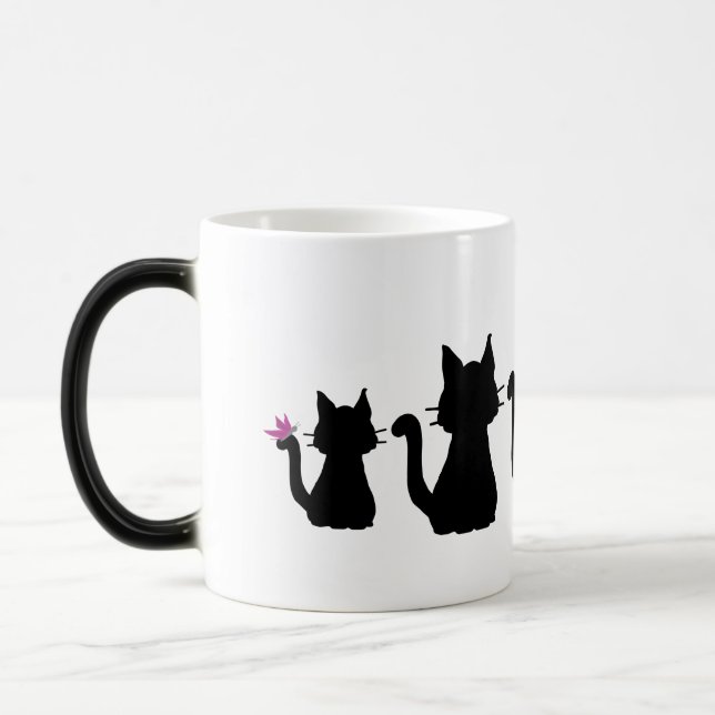 Taza Mágica Silhouettes de gato negro mariposa rosa (Izquierda)