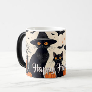 Taza Mágica Tres gatos negros con sombreros en Halloween