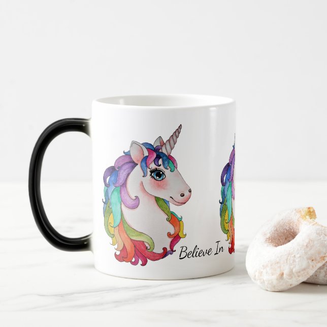Taza Mágica Unicornio de la acuarela con el pelo del arco iris (Con donut)