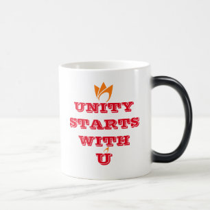 Taza Mágica UNIDAD COMIENZA CON U (incendio de naranja) Y Logo