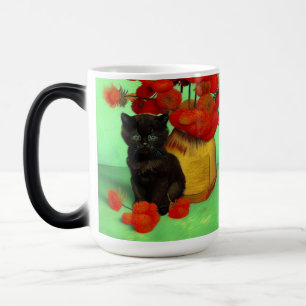 Taza Mágica Van Gogh Black Kitten Red Flowers
